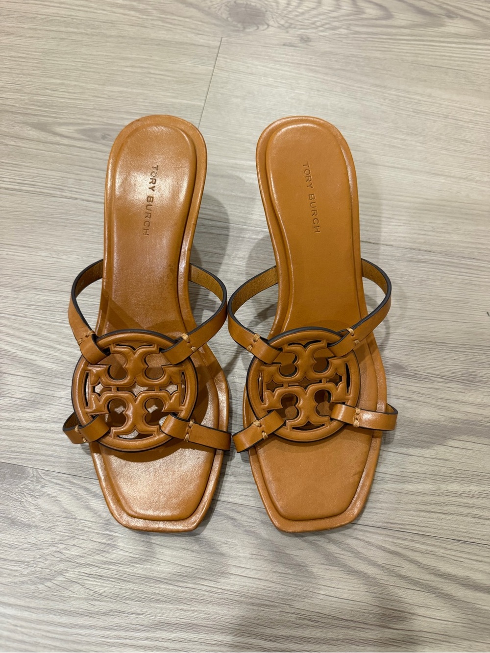 Tory Burch Cognac Leather Logo Slide Sandals